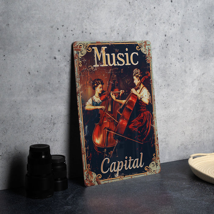 a metal sign with a picture of a woman playing the violin