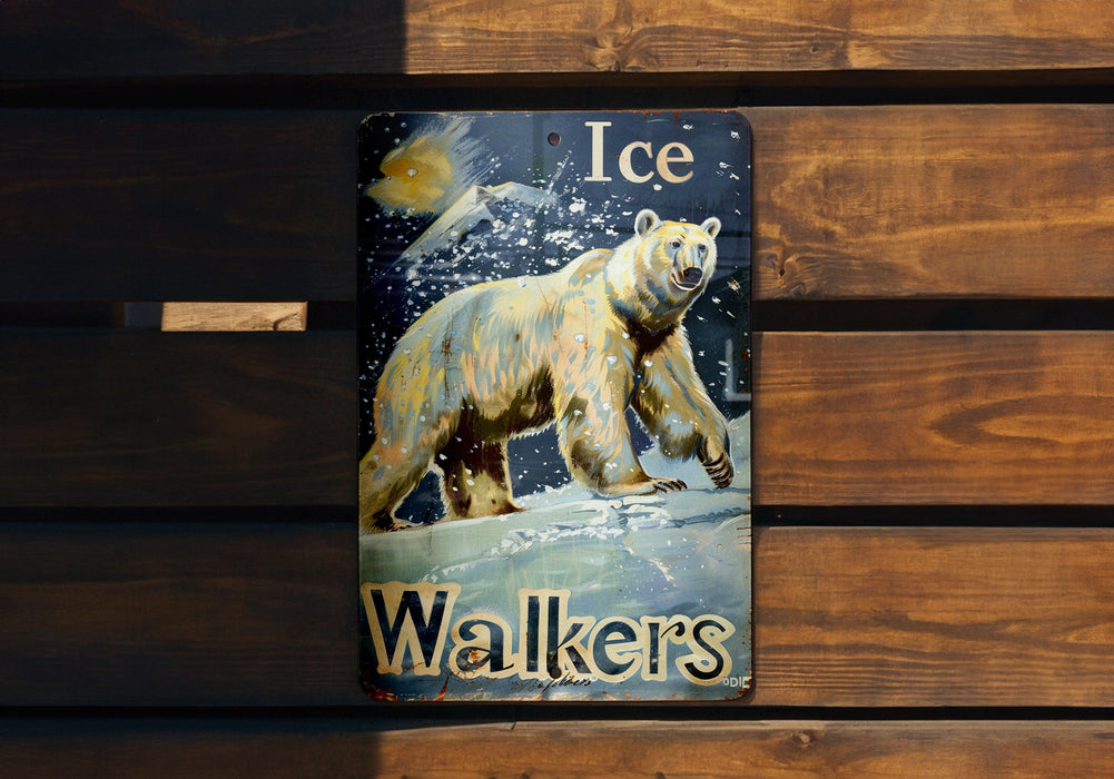 a picture of a polar bear on a wooden bench