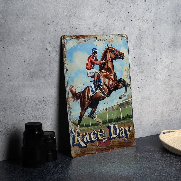 a painting of a horse and jockey on a race day sign