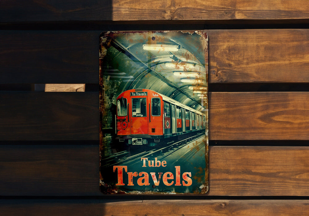 a sign on a wooden wall that says tube travels