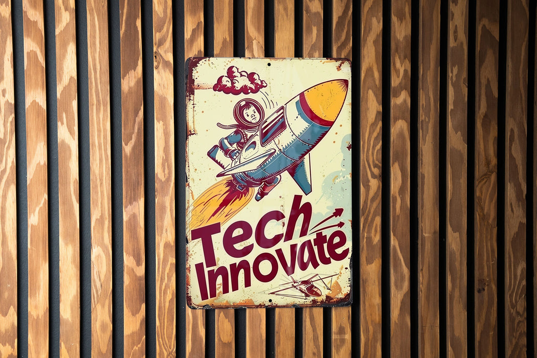 a sign on the side of a building that says tech innovate