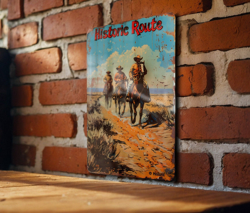 a picture of a cowboy riding a horse on a brick wall