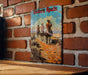 a picture of a cowboy riding a horse on a brick wall