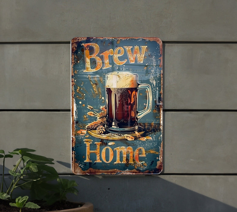 a beer sign hanging on a wall next to a potted plant