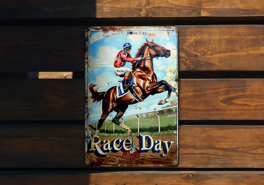 a metal sign with a horse and jockey on it