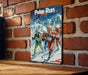 a picture of a group of skiers on a brick wall