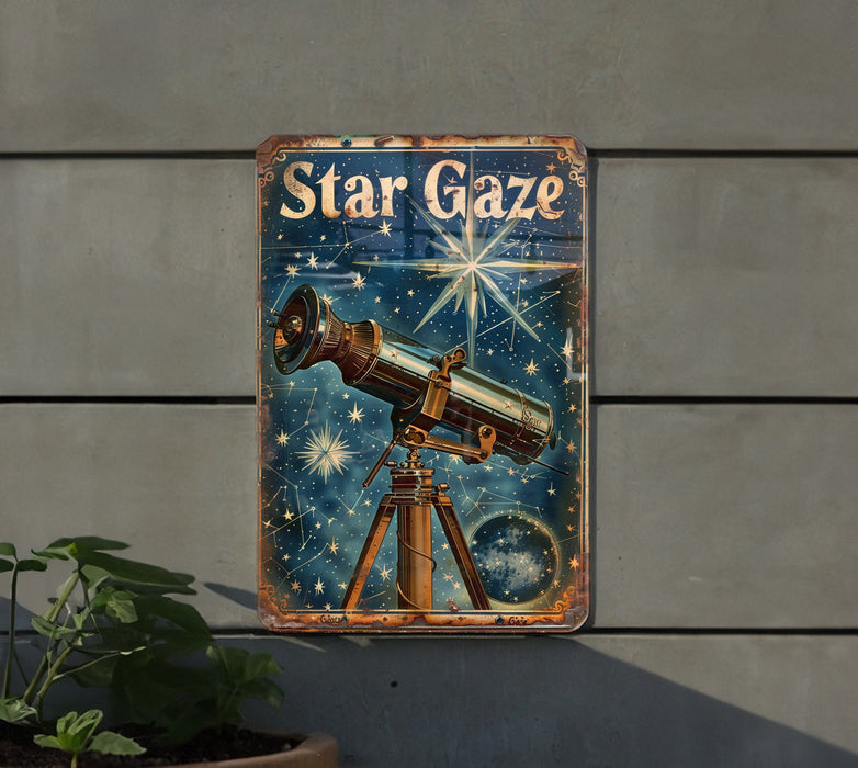a metal sign with a telescope on it