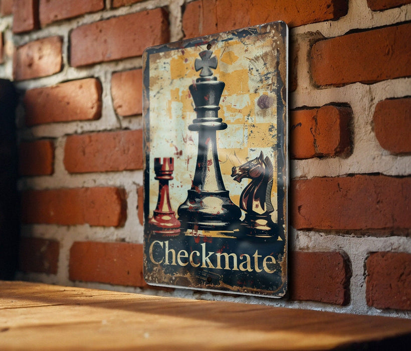 a sign on a brick wall that says checkmate