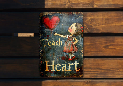 a sign on a wooden bench that says teach heart