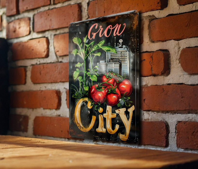 a sign on a brick wall that says grow city