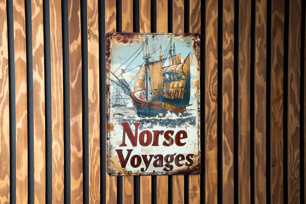 a sign on a wooden wall that says norse voyages