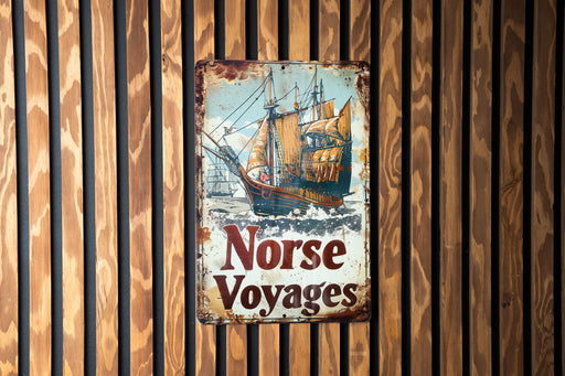 a sign on a wooden wall that says norse voyages