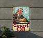a sign that says count on with a picture of a man