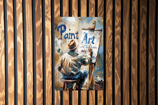 a painting of a man painting on a wooden wall