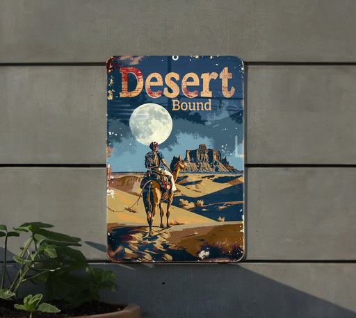 a sign on the side of a building that says desert bound