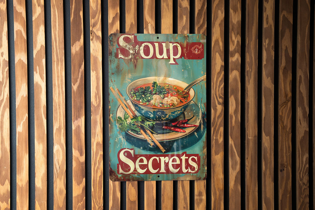 a soup sign hanging on a wooden wall