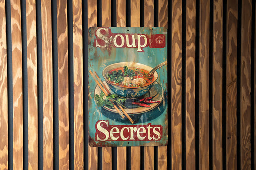 a soup sign hanging on a wooden wall