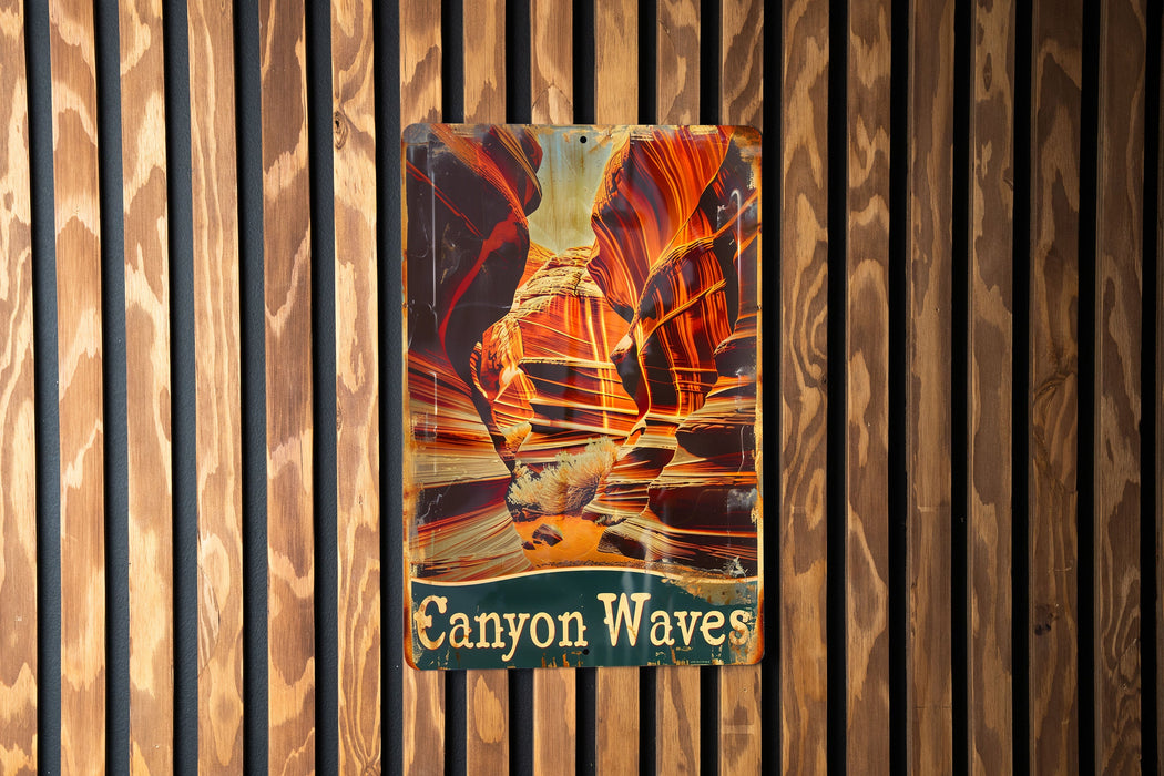 a sign on a wooden wall that says canyon waves