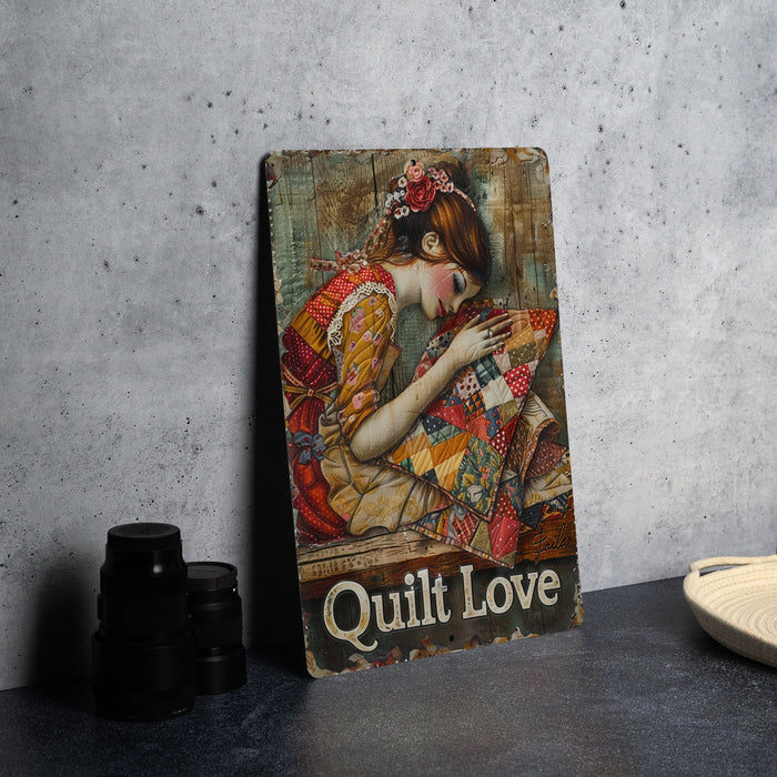 a picture of a woman with a quilt on it