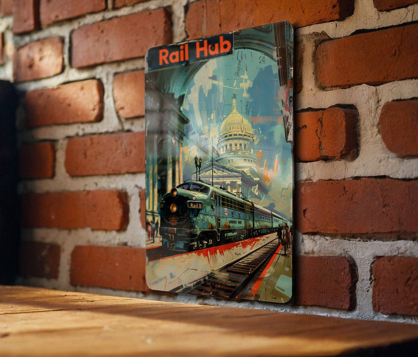 a picture of a train on a brick wall