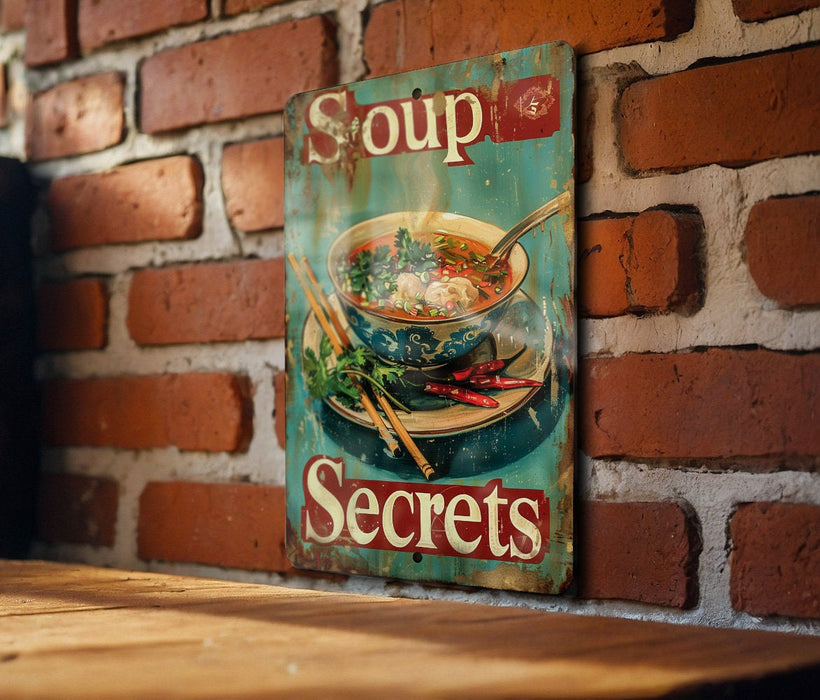 a soup sign on a brick wall next to a wooden table