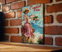 a picture of a woman in a pink dress on a brick wall