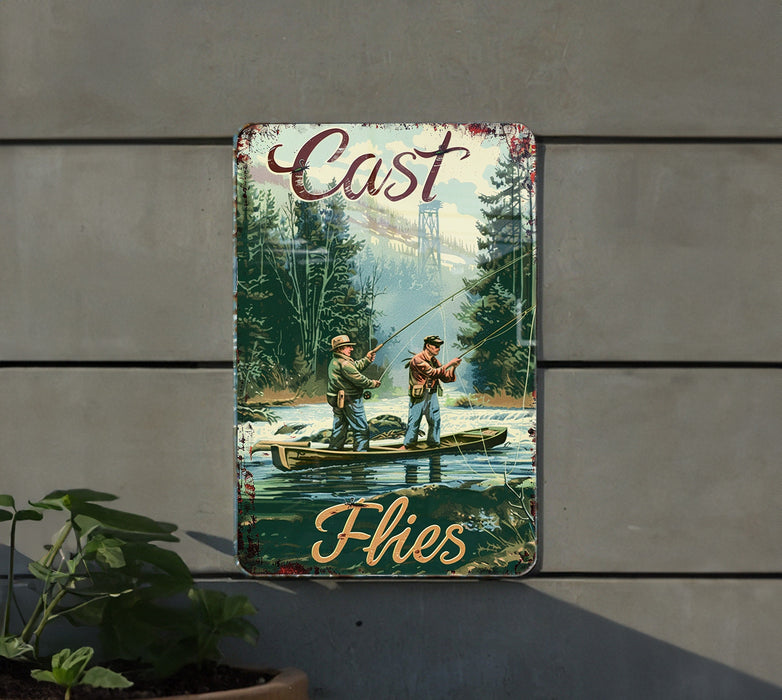 a sign on the side of a building that says cast flies