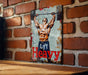a picture of a man with a barbell on a brick wall