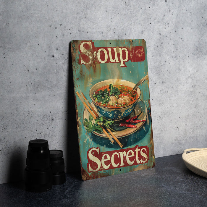 a picture of a soup sign on a table
