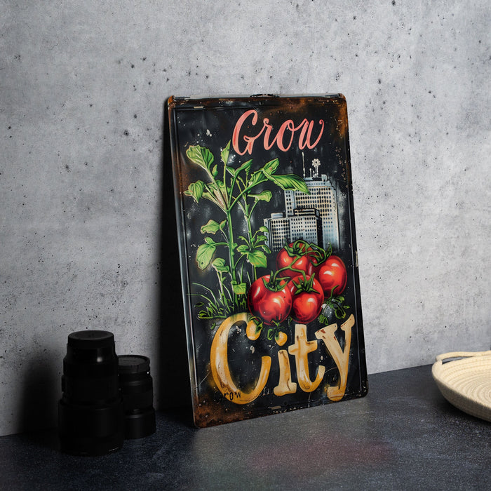 a sign that says grow city with tomatoes on it