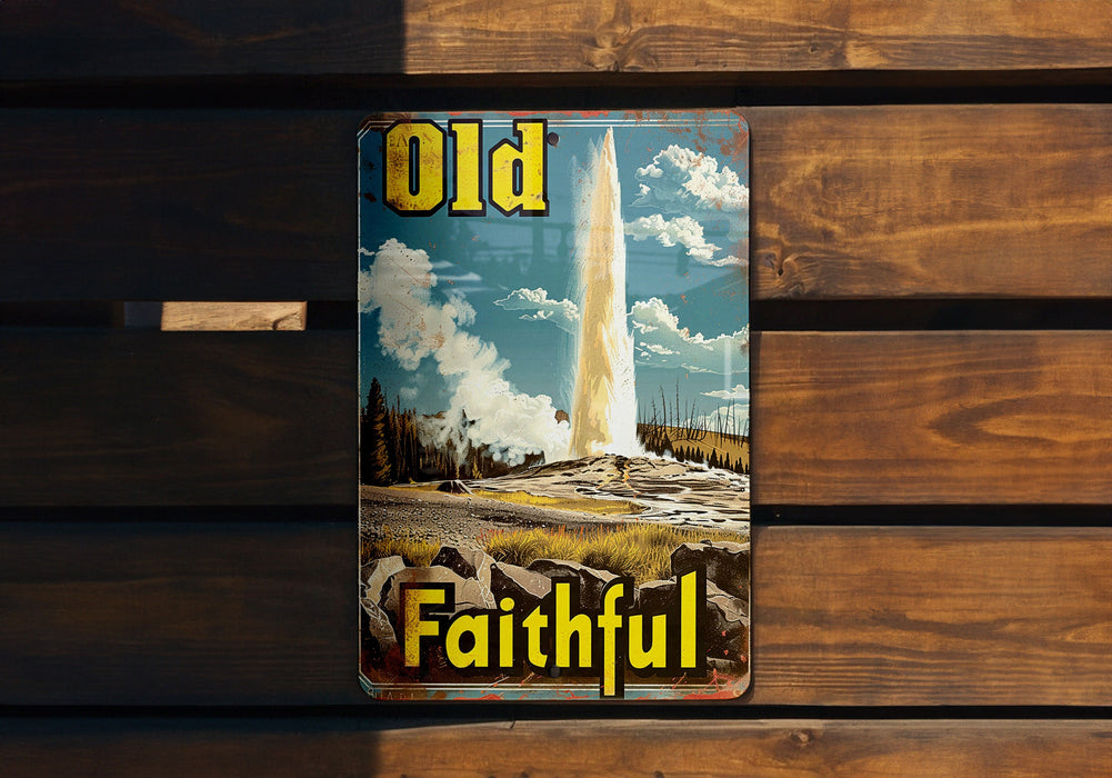 an old metal sign on a wooden bench