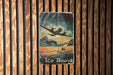 a poster of a plane flying over a mountain