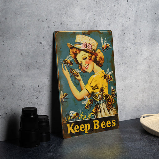 a picture of a woman with bees on it