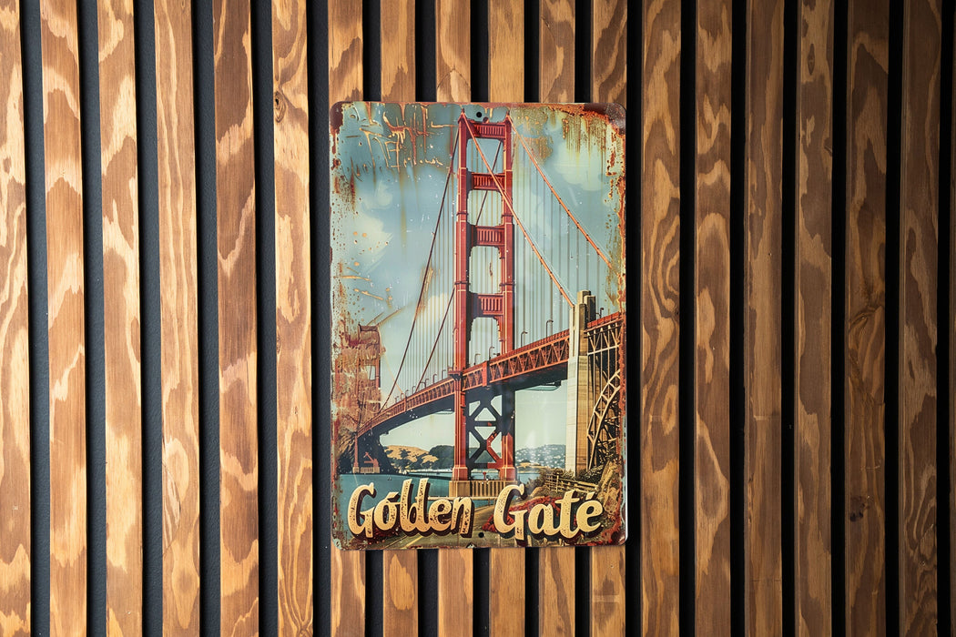 a picture of a golden gate bridge on a wooden wall