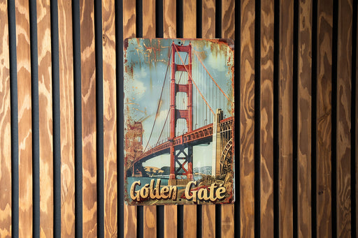 a picture of a golden gate bridge on a wooden wall