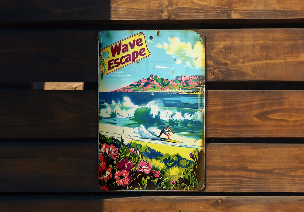 a picture of a surf board on a wooden bench