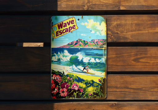 a picture of a surf board on a wooden bench