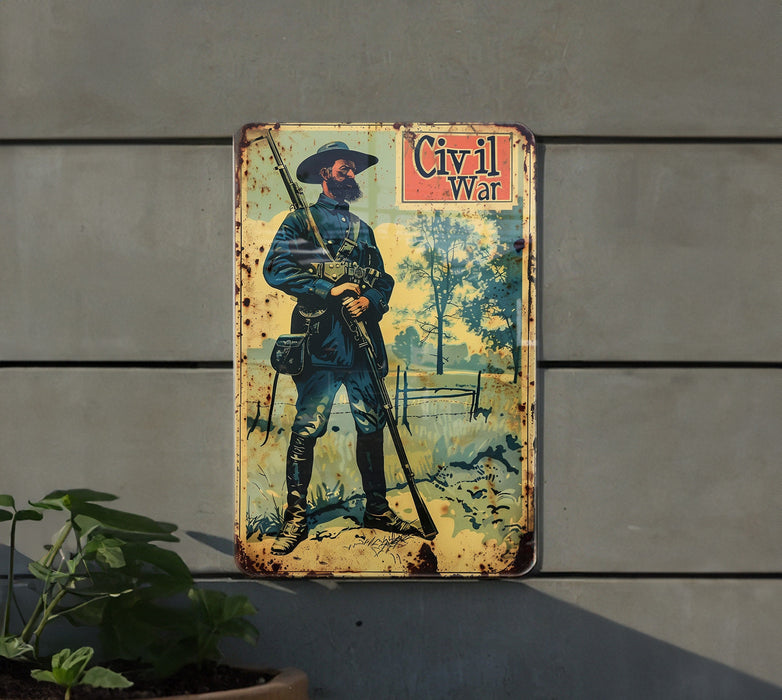 a vintage civil war sign on the side of a building