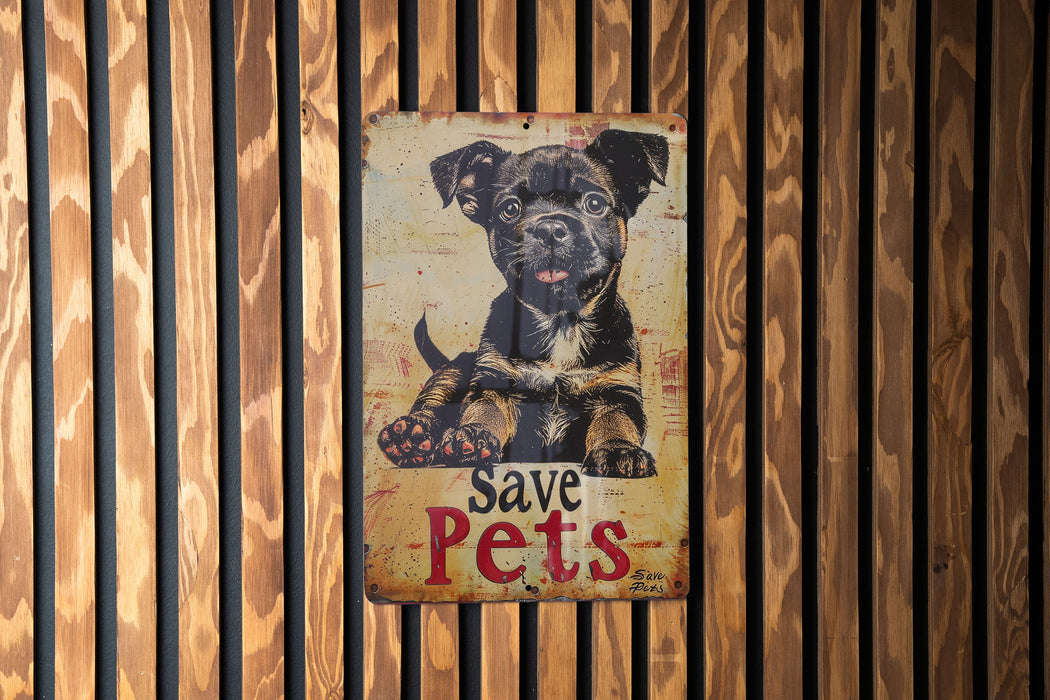 a sign on a wooden wall that says save pets