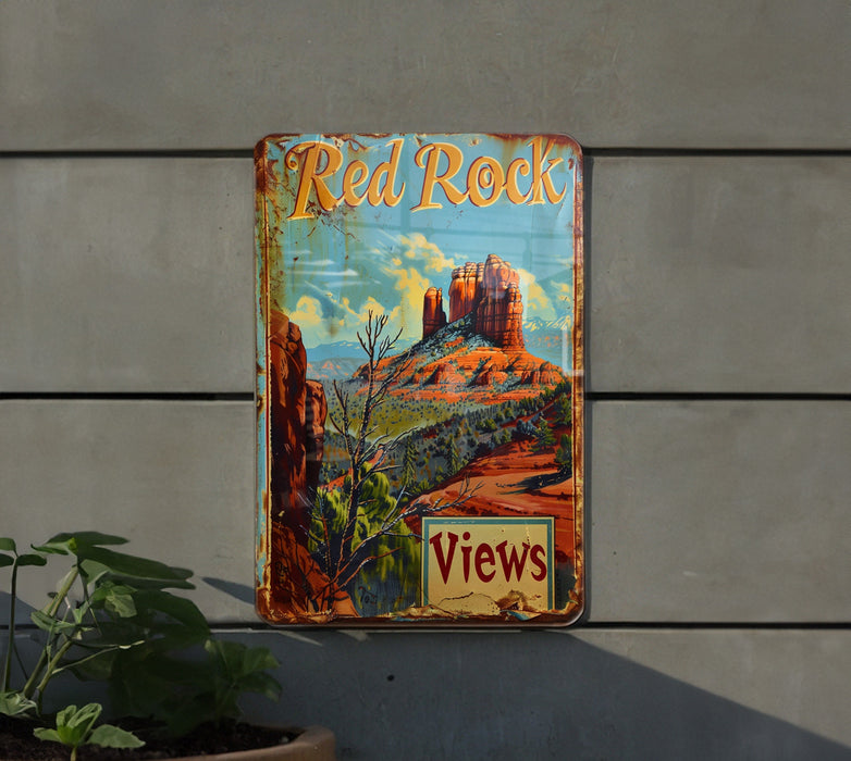 a red rock sign hanging on the side of a building