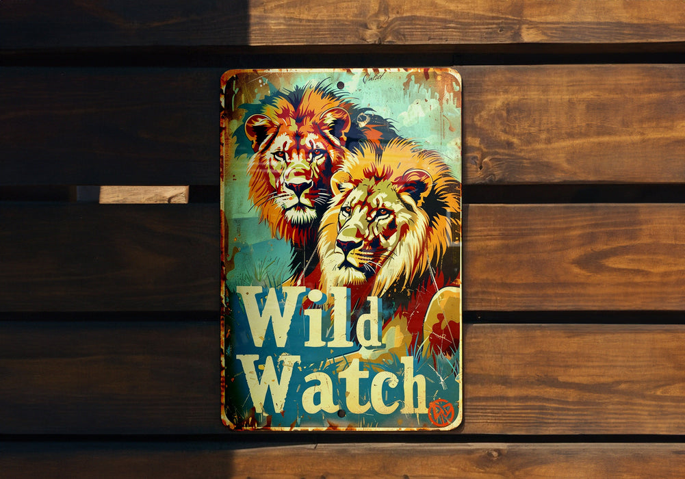 a metal sign that says wild watch with two lions