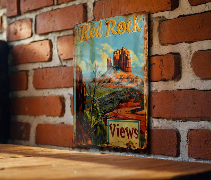 a picture of a red rock sign on a brick wall