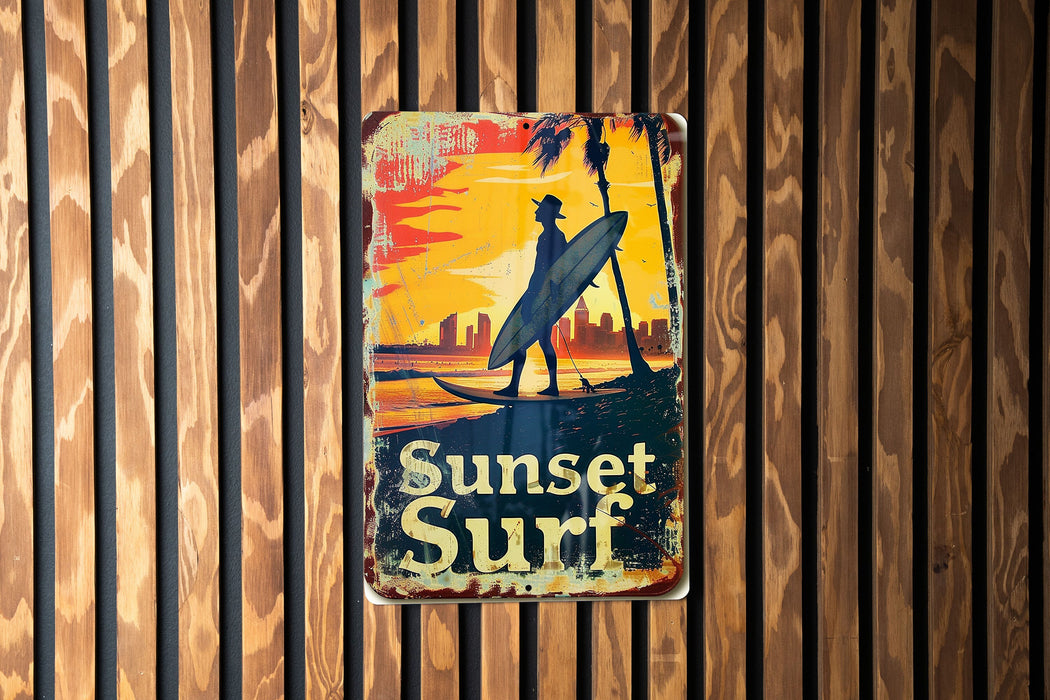a sign on a wooden wall that says sunset surf