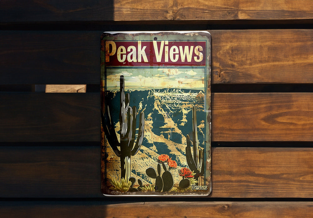 a can of peak views sits on a wooden bench