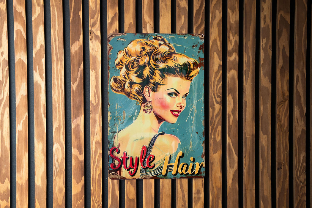 a picture of a woman's hair on a wooden wall
