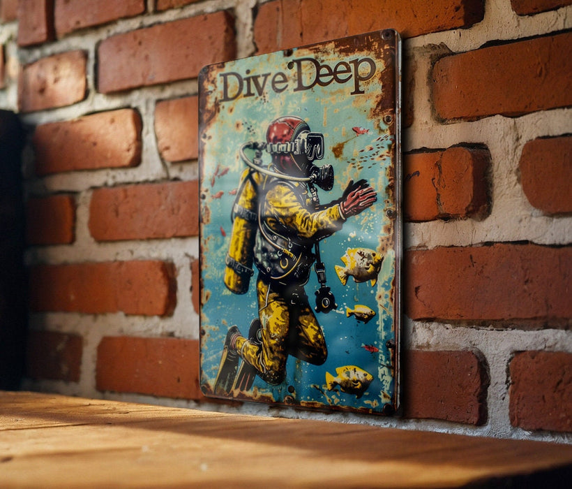 a painting of a diver on a brick wall