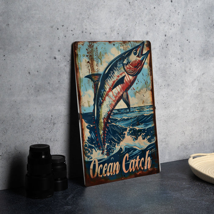a picture of a fish on a sign on a table