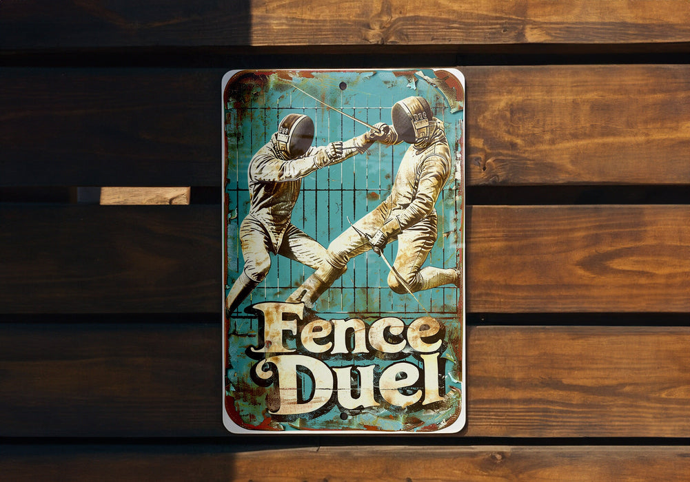 a sign on a wooden wall that says fence duel