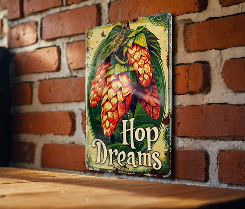 a sign on a brick wall that says hop dreams