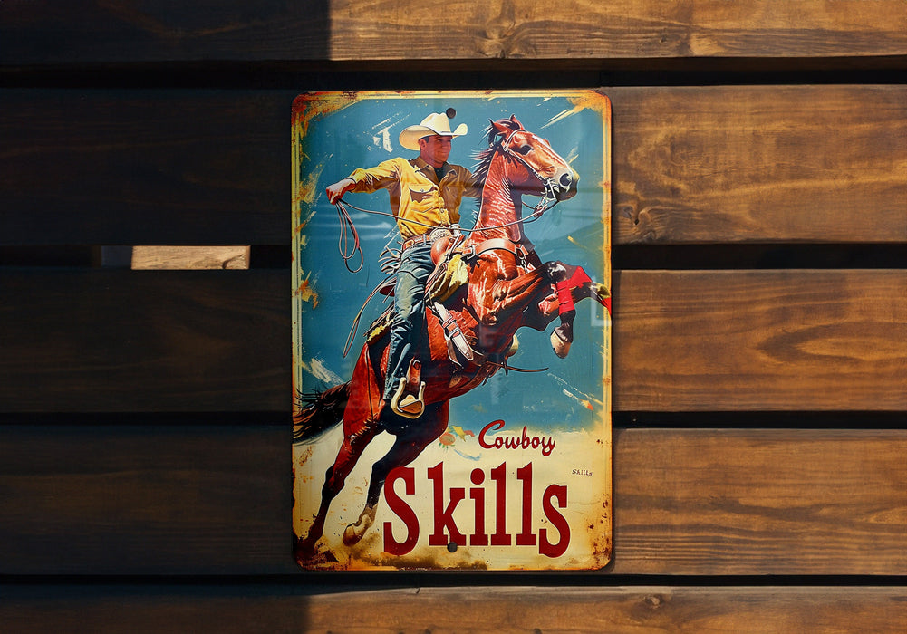 a metal sign with a cowboy riding a horse